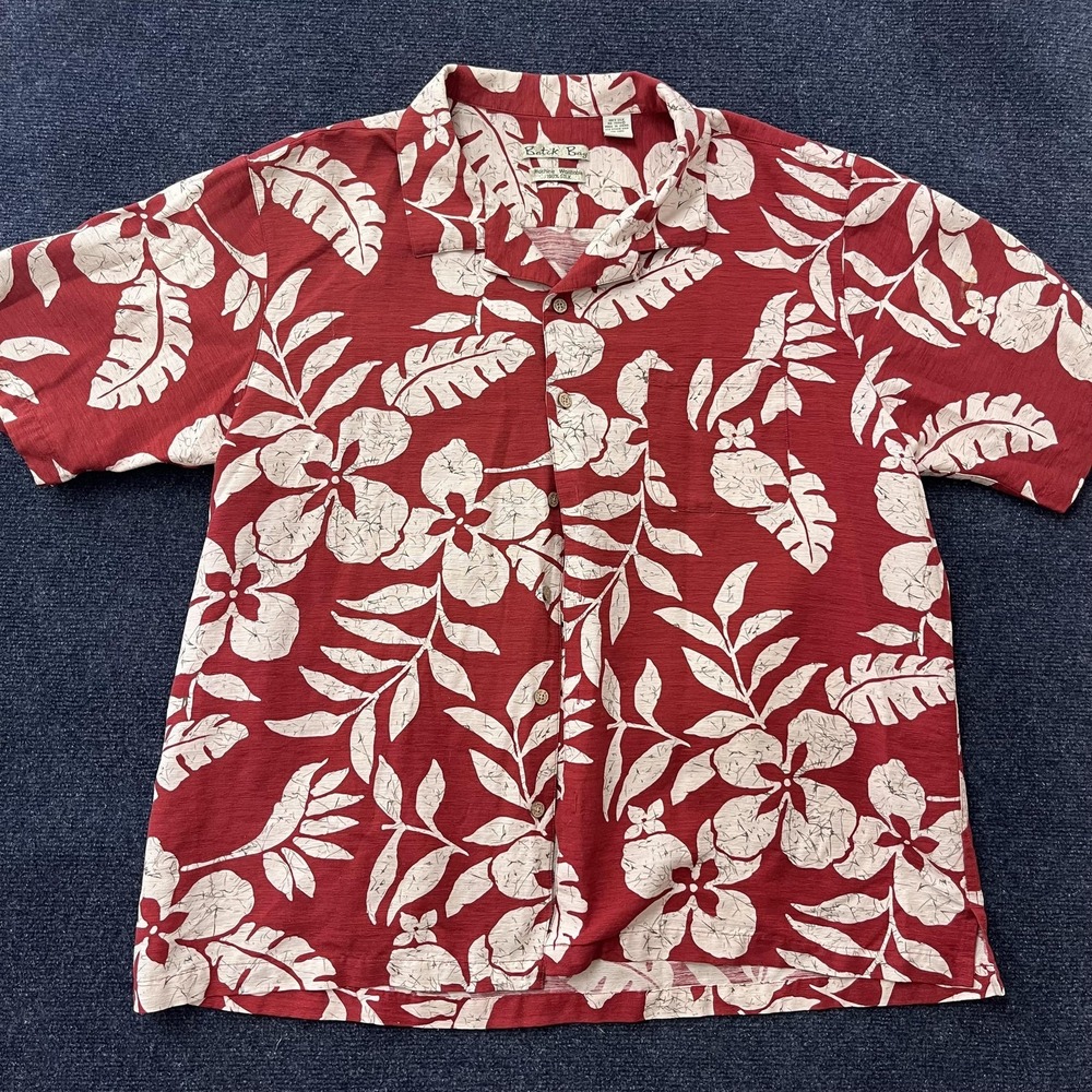 Batik‎ Bay Shirt Mens 2XL Red Hawaiian Silk Short Sleeve Button Up Tropical